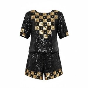 Elegance Vintage Silk Sequin Two Piece Set Black Gold Checkered Shorts Top Small
